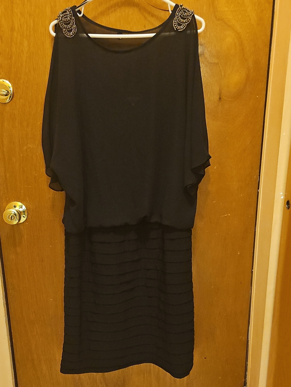 R&M Richards Black Midi Dress with Beaded Shoulder Accents